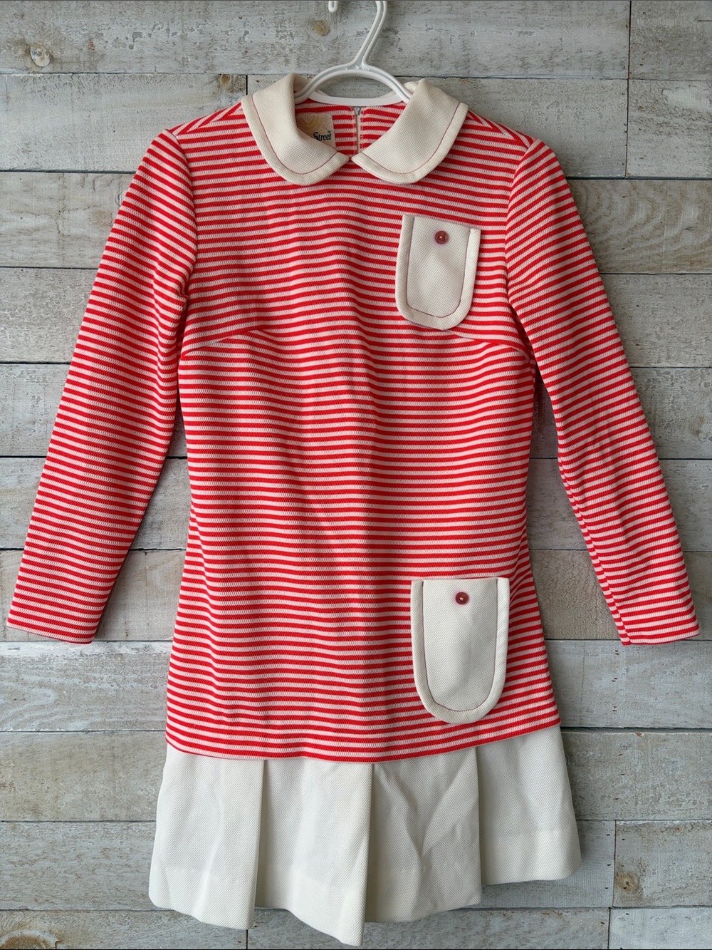 1960s Mod Tangerine & White Stripe Twiggy Style Mini Dress With Peter Pan Collar - Picture 2 of 7